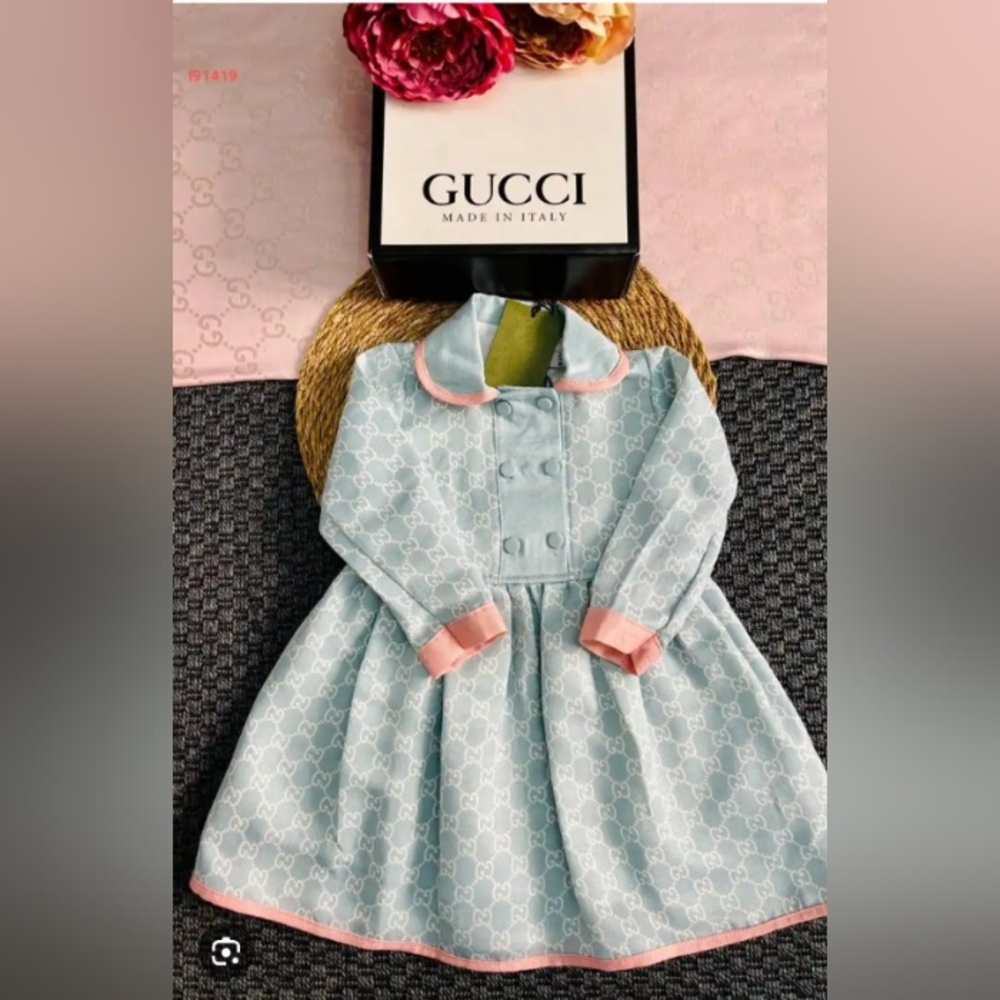 Gucci Light Blue Monogram Dress with Pink Trim